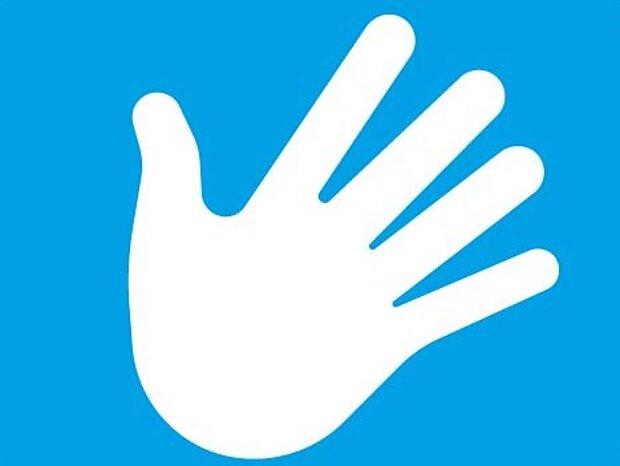 Symbol of the museum’s hands-on exhibition: a white hand on a blue background