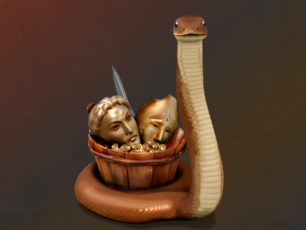 The keyvisual of the AR game: a cute snake with museum artefacts in tow